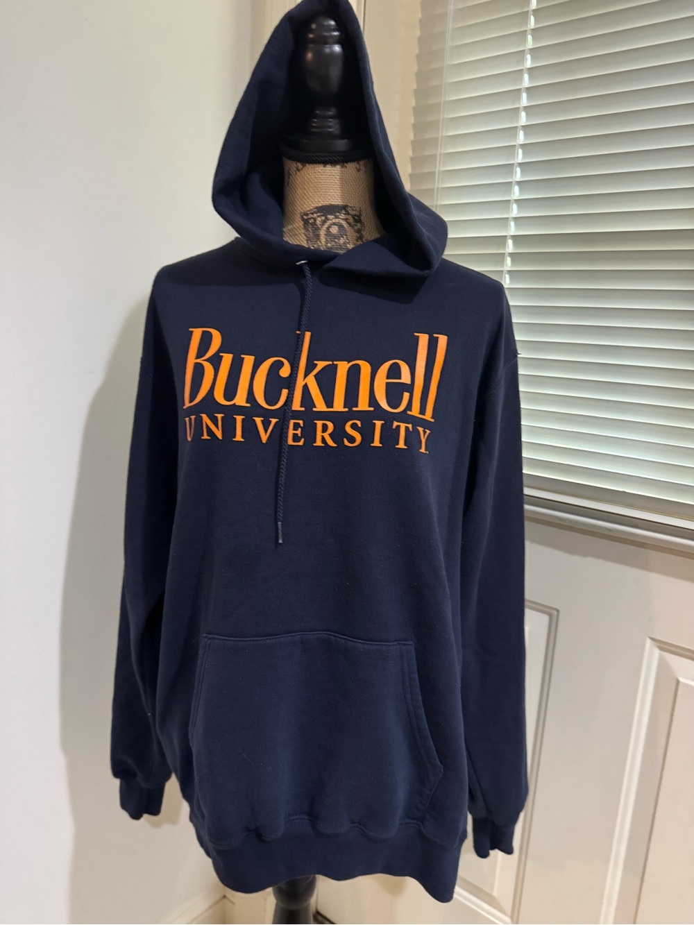 Champion Navy Crewneck Hoodie with Orange Bucknell University Logo